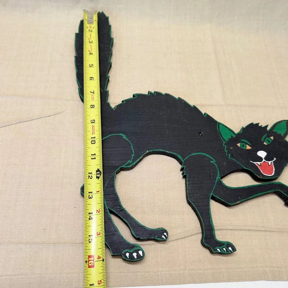 Vintage Black Halloween Cat Wall Hanging Folk Art Wood Decor 13